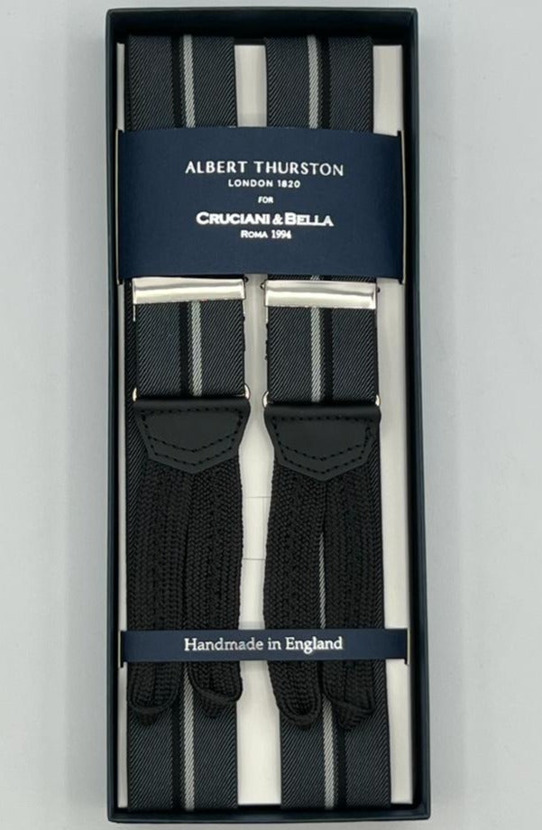 Albert Thurston for Cruciani & Bella Made in England Adjustable Sizing 35 mm Elastic Braces LightGrey, White and Dark Stripes Braid ends Y-Shaped Nickel Fittings Size: XL