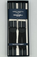 Albert Thurston for Cruciani & Bella Made in England Adjustable Sizing 35 mm Elastic Braces LightGrey, White and Dark Stripes Braid ends Y-Shaped Nickel Fittings Size: XL