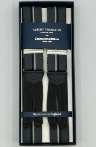 Albert Thurston for Cruciani & Bella Made in England Adjustable Sizing 35 mm Elastic Braces LightGrey, White and Dark Stripes Braid ends Y-Shaped Nickel Fittings Size: XL