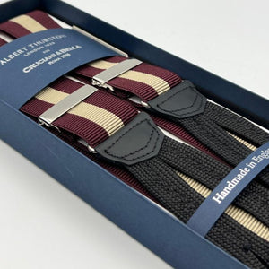 Albert Thurston for Cruciani & Bella Made in England Adjustable Sizing 35 mm Elastic Braces Red Wine, Beige Stripes Braid ends Y-Shaped Nickel Fittings Size: XL