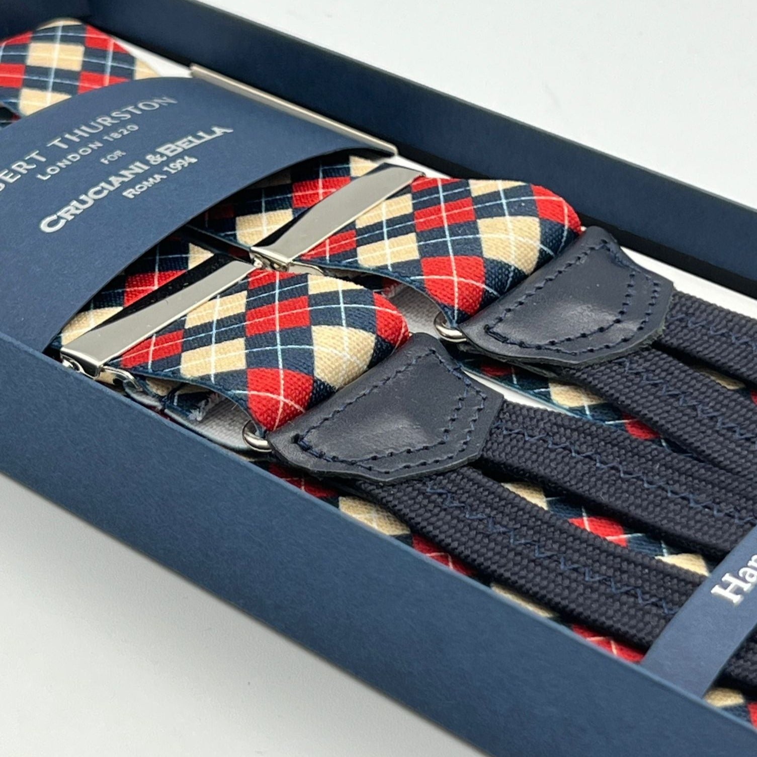 Albert Thurston for Cruciani & Bella Made in England Adjustable Sizing 35 mm Elastic Braces Red, Blue and Ecru Motiif Braid ends Y-Shaped Nickel Fittings Size: L