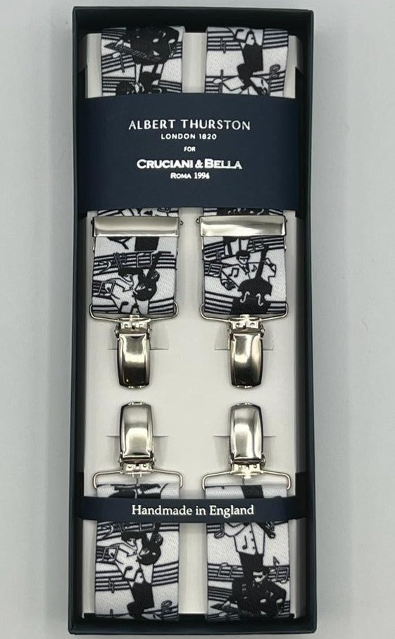 Albert Thurston for Cruciani & Bella Made in England Clip on Adjustable Sizing 35 mm elastic braces Black and White Ringers X-Shaped Nickel Fittings Size: XL