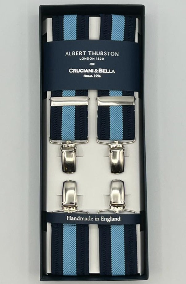 Albert Thurston for Cruciani & Bella Made in England Clip on Adjustable Sizing 35 mm elastic braces Blue, Light Blue Stripes X-Shaped Nickel Fittings Size: XL