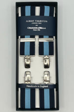 Albert Thurston for Cruciani & Bella Made in England Clip on Adjustable Sizing 35 mm elastic braces Blue, Light Blue Stripes X-Shaped Nickel Fittings Size: XL