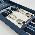 Albert Thurston for Cruciani & Bella Made in England Clip on Adjustable Sizing 35 mm elastic braces Blue, Light Blue Stripes X-Shaped Nickel Fittings Size: XL