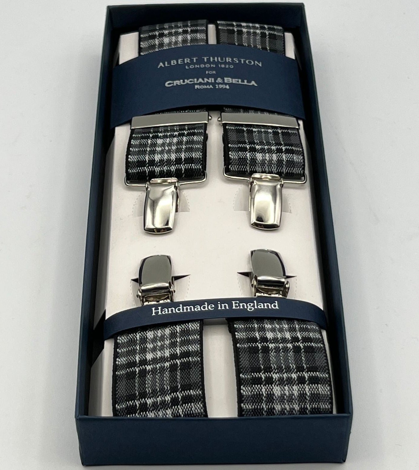 Albert Thurston - Elastic Clip-on-Braces  - 35 mm - Grey, Black and White Tartan #7355