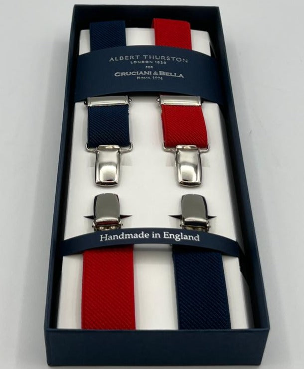 Albert Thurston for Cruciani & Bella Made in England Clip on Adjustable Sizing 25 mm elastic braces Blue and Red Exclusive X-Shaped Nickel Fittings Size: XL