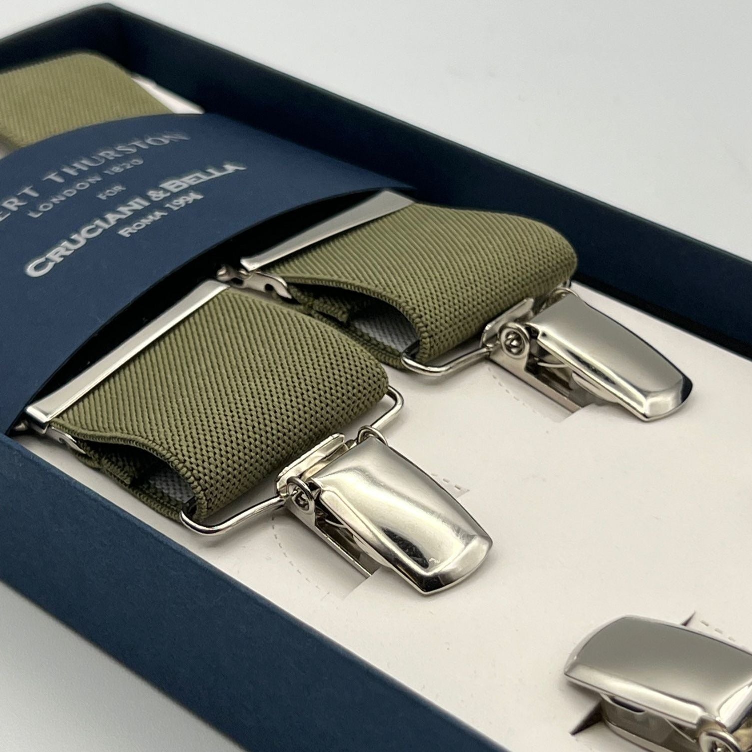 Albert Thurston for Cruciani & Bella Made in England Clip on Adjustable Sizing 35 mm elastic braces Military Green  X-Shaped Nickel Fittings Size: L
