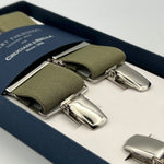 Albert Thurston for Cruciani & Bella Made in England Clip on Adjustable Sizing 35 mm elastic braces Military Green  X-Shaped Nickel Fittings Size: L