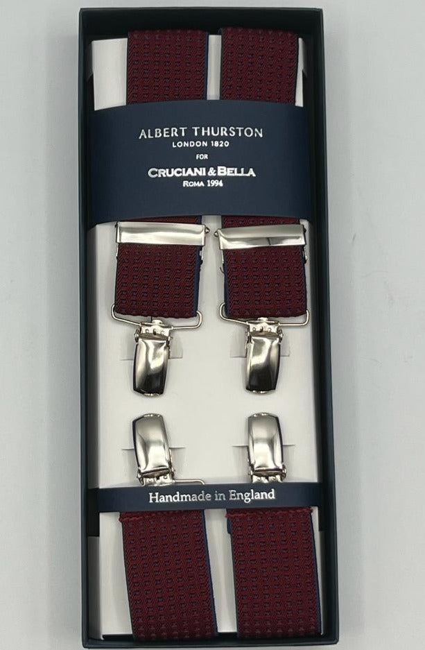 Albert Thurston for Cruciani & Bella Made in England Clip on Adjustable Sizing 35 mm elastic braces Rust, Blue Dots X-Shaped Nickel Fittings Size: XL