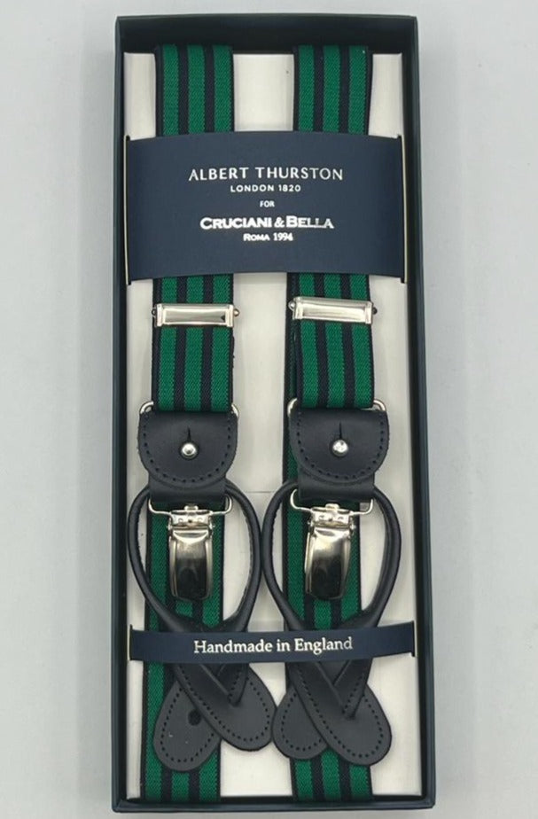 Albert Thurston for Cruciani & Bella Made in England 2 in 1 Adjustable Sizing 25 mm elastic braces Blue, Green Stripes Y-Shaped Nickel Fittings Size XL
