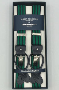 Albert Thurston for Cruciani & Bella Made in England 2 in 1 Adjustable Sizing 25 mm elastic braces Blue, Green Stripes Y-Shaped Nickel Fittings Size XL