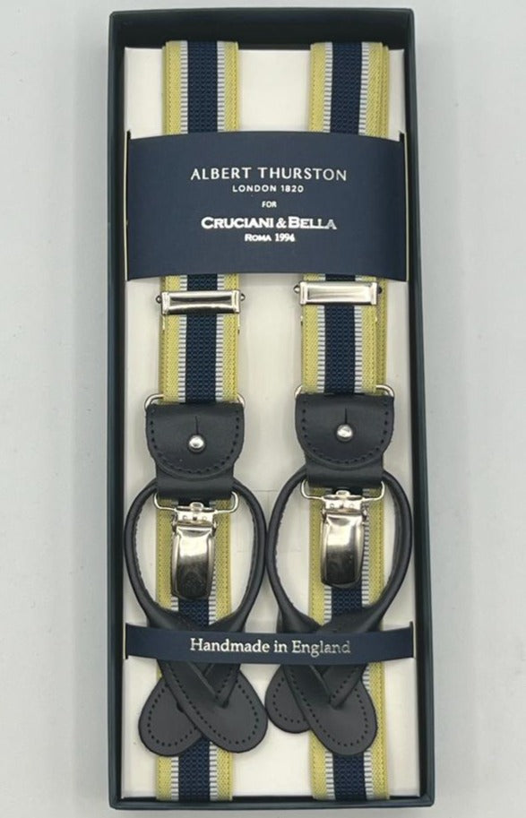 Albert Thurston for Cruciani & Bella Made in England 2 in 1 Adjustable Sizing 25 mm elastic braces Light Yellow, Blue and White Y-Shaped Nickel Fittings Size XL
