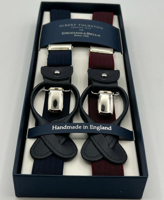 Albert Thurston for Cruciani & Bella Made in England 2 in 1 Adjustable Sizing 25 mm elastic braces Red Wine, Blue Harringbone Exclusive Y-Shaped Nickel Fittings Size XL