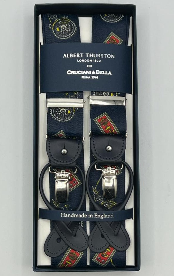 Albert Thurston for Cruciani & Bella Made in England 2 in 1 Adjustable Sizing 35 mm elastic braces Blue, Red and Yellow Marine Motifs Y-Shaped Nickel Fittings Size XL