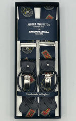 Albert Thurston for Cruciani & Bella Made in England 2 in 1 Adjustable Sizing 35 mm elastic braces Blue, Red and Yellow Marine Motifs Y-Shaped Nickel Fittings Size XL