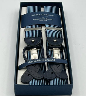 Albert Thurston for Cruciani & Bella Made in England 2 in 1 Adjustable Sizing 35 mm elastic braces Blue and Light Blue Stripes Y-Shaped Nickel Fittings Size Large