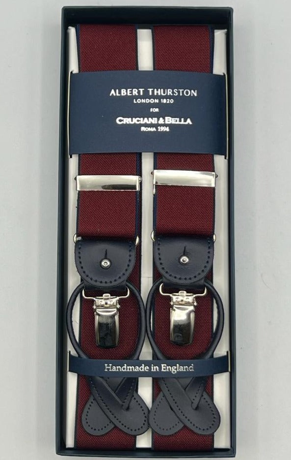 Albert Thurston for Cruciani & Bella Made in England 2 in 1 Adjustable Sizing 35 mm elastic braces Red Wine,  Blue Edge Y-Shaped Nickel Fittings Size XL