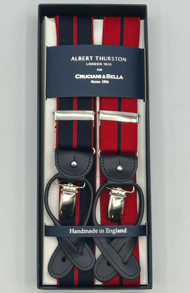 Albert Thurston for Cruciani & Bella Made in England 2 in 1 Adjustable Sizing 35 mm elastic braces Red and Blue Fancy Stripes Y-Shaped Nickel Fittings Size XL