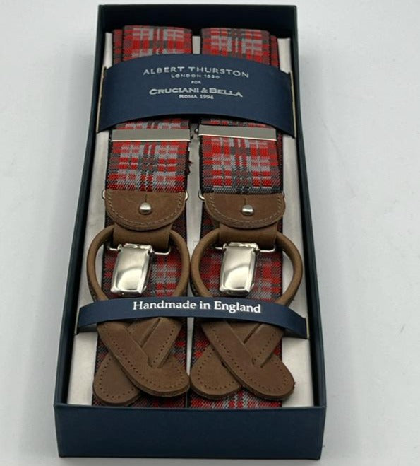 Albert Thurston for Cruciani & Bella Made in England 2 in 1 Adjustable Sizing 35 mm elastic braces Red and Grey Tartan Y-Shaped Nickel Fittings