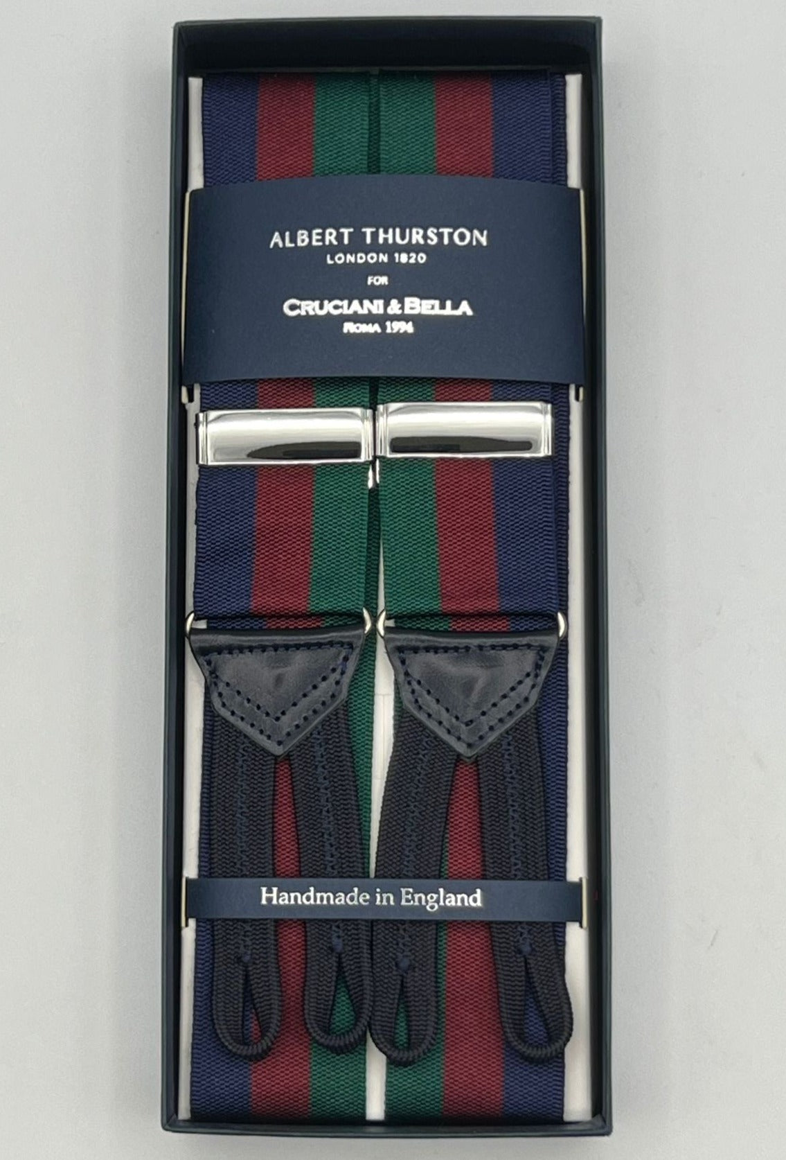 Albert Thurston for Cruciani & Bella Made in England Adjustable Sizing 40 mm Woven Barathea  Blue, Wine and Green Stripes Braces Braid ends Y-Shaped Nickel Fittings Size: XL