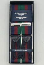 Albert Thurston for Cruciani & Bella Made in England Adjustable Sizing 40 mm Woven Barathea  Blue, Wine and Green Stripes Braces Braid ends Y-Shaped Nickel Fittings Size: XL