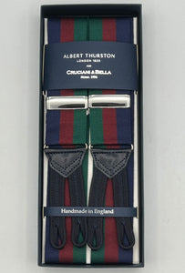 Albert Thurston for Cruciani & Bella Made in England Adjustable Sizing 40 mm Woven Barathea  Blue, Wine and Green Stripes Braces Braid ends Y-Shaped Nickel Fittings Size: XL