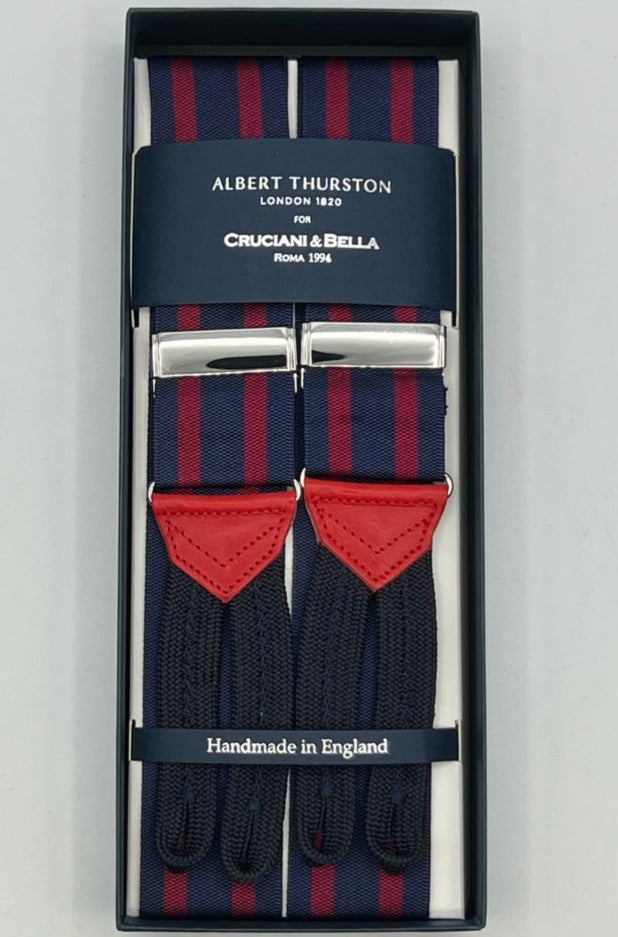 Albert Thurston for Cruciani & Bella Made in England Adjustable Sizing 40 mm Woven Barathea  Blue and Red Stripes Braid ends Y-Shaped Nickel Fittings Size: XL