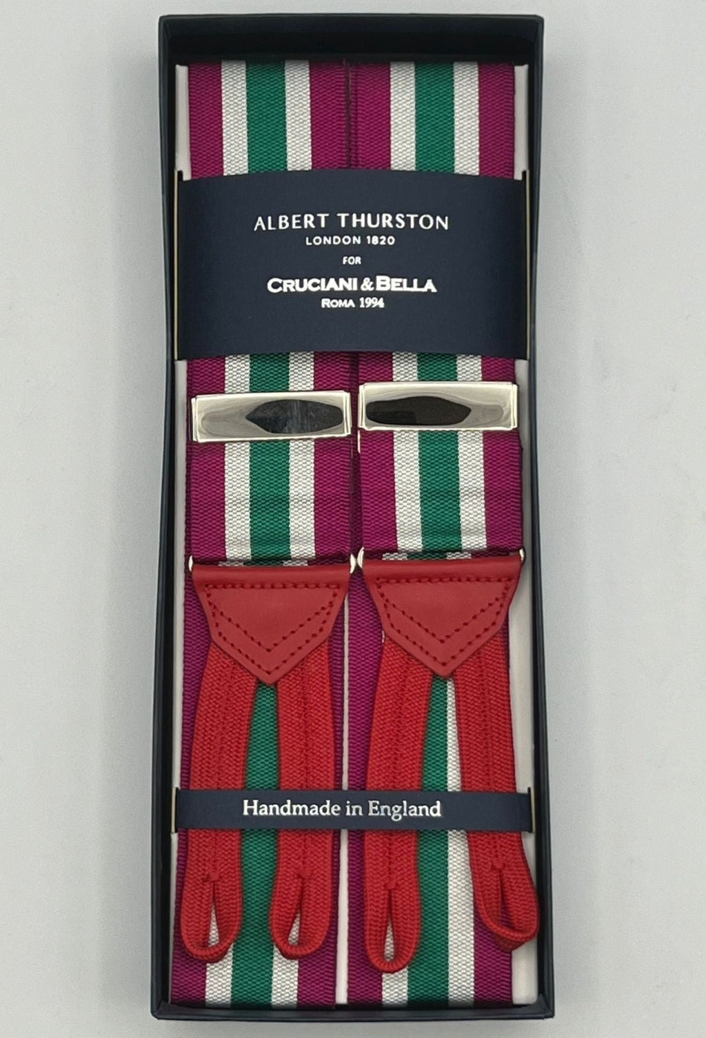 Albert Thurston for Cruciani & Bella Made in England Adjustable Sizing 40 mm Woven Barathea  Fucsia, Green and White Stripes Braces Braid ends Y-Shaped Nickel Fittings Size: XL