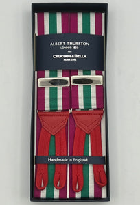 Albert Thurston for Cruciani & Bella Made in England Adjustable Sizing 40 mm Woven Barathea  Fucsia, Green and White Stripes Braces Braid ends Y-Shaped Nickel Fittings Size: XL