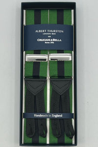Albert Thurston for Cruciani & Bella Made in England Adjustable Sizing 40 mm Woven Barathea  Green and Blue Stripes Braces Braid ends Y-Shaped Nickel Fittings Size: XL