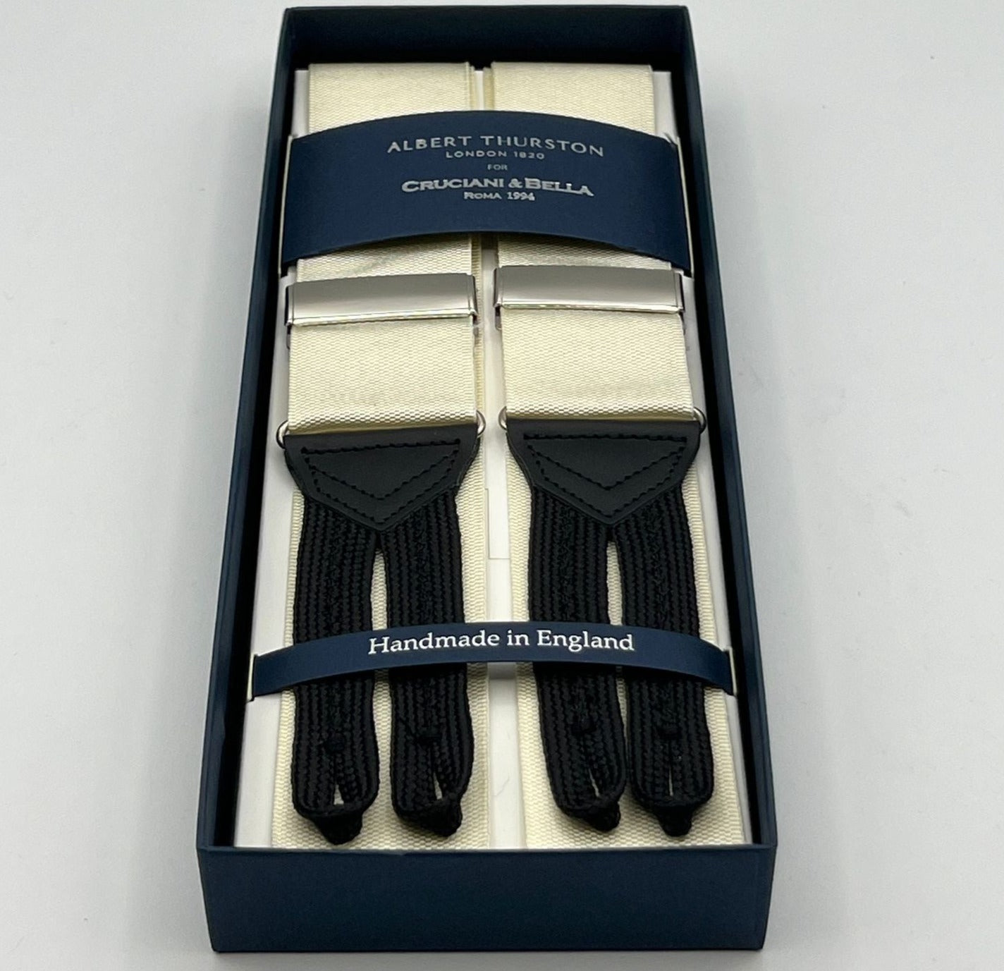Albert Thurston for Cruciani & Bella Made in England Adjustable Sizing 40 mm Woven Barathea  Ivory Plain Braces Braid ends Y-Shaped Nickel Fittings Size: XL