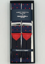Albert Thurston for Cruciani & Bella Made in England Adjustable Sizing 40 mm Woven Barathea Midnight blue, red dots Braces Braid ends Y-Shaped Nickel Fittings