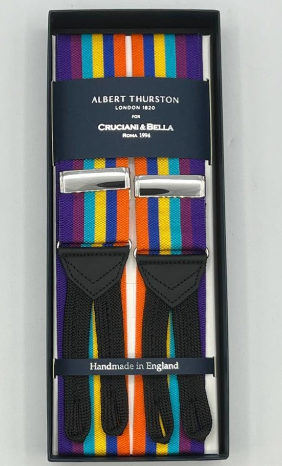 Albert Thurston for Cruciani & Bella Made in England Adjustable Sizing 40 mm Woven Barathea  Multicolor Stripes Braid ends Y-Shaped Nickel Fittings Size: XL