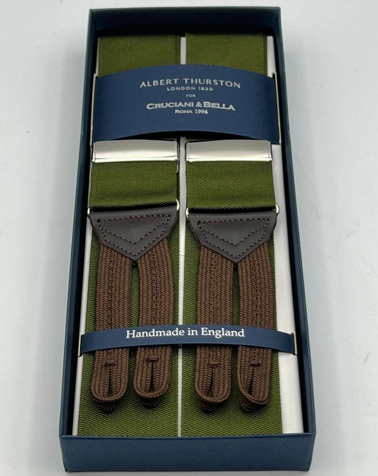 Albert Thurston for Cruciani & Bella Made in England Adjustable Sizing 40 mm Woven Barathea  Olive Plain Braces Braid ends Y-Shaped Nickel Fittings Size: XL