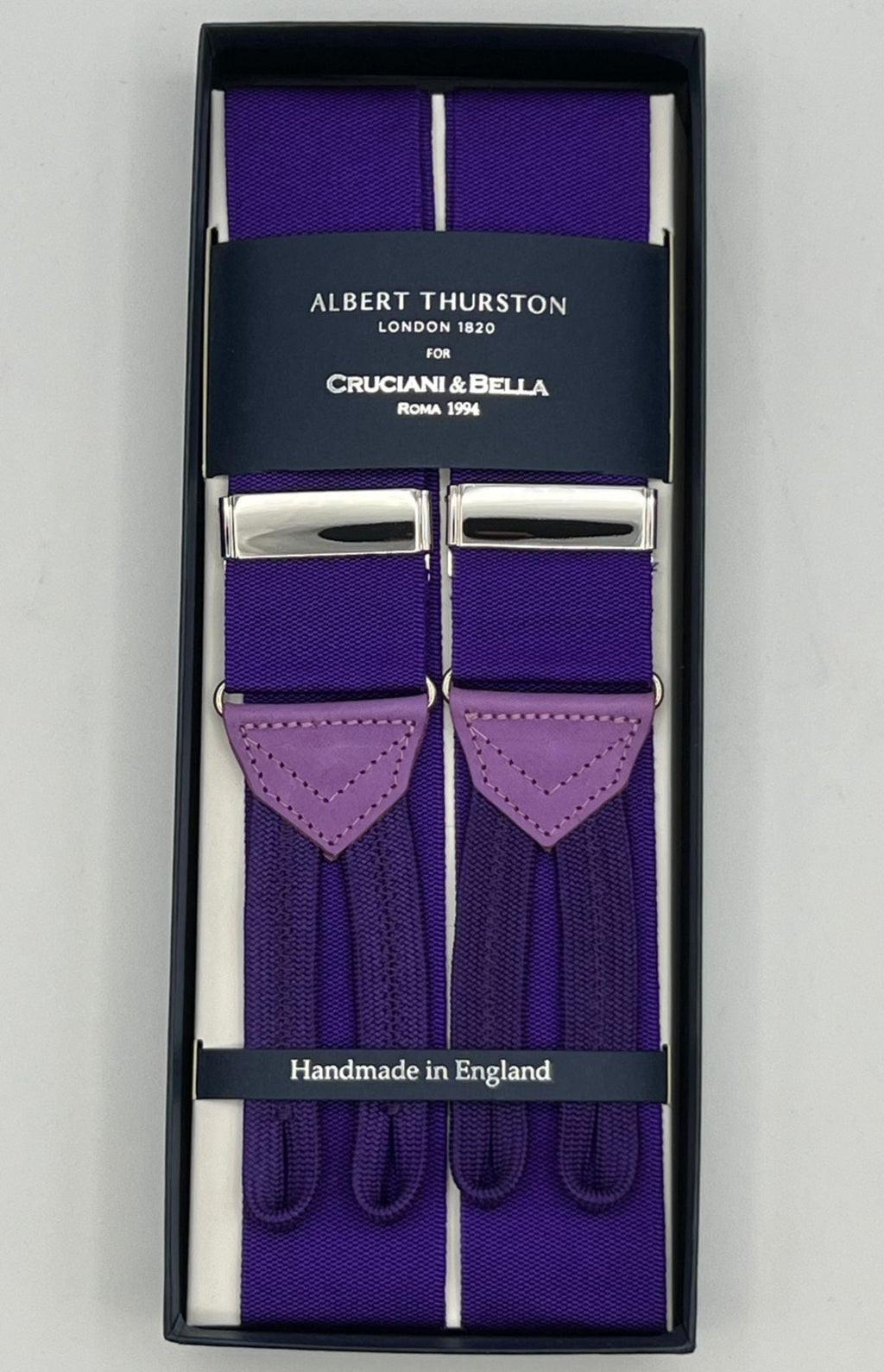 Albert Thurston for Cruciani & Bella Made in England Adjustable Sizing 40 mm Woven Barathea  Purple braces Braid ends Y-Shaped Nickel Fittings Size: XL
