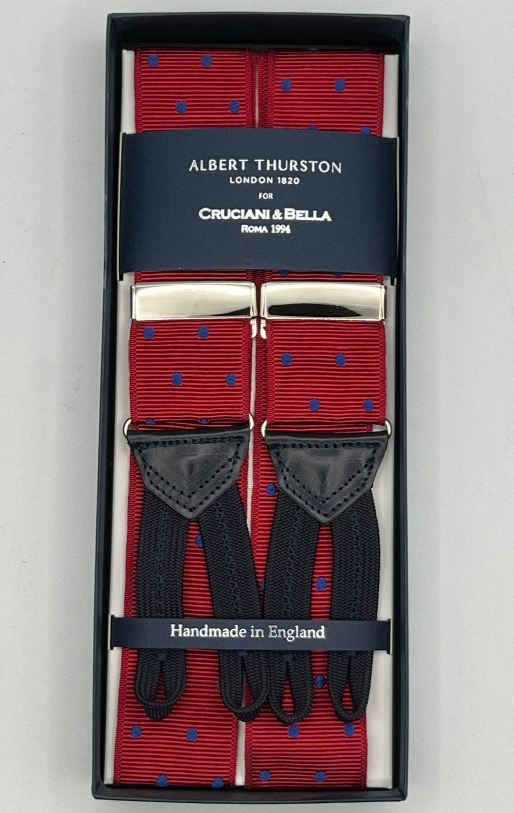 Albert Thurston for Cruciani & Bella Made in England Adjustable Sizing 40 mm Woven Barathea  Red and Blue Dots  Braces Braid ends Y-Shaped Nickel Fittings Size: XL