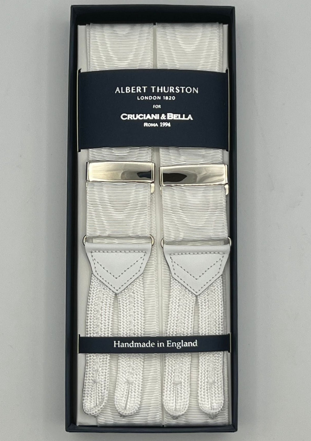 Albert Thurston for Cruciani & Bella Made in England Adjustable Sizing 40 mm Woven Barathea  White Moiré  braces Braid ends Y-Shaped Nickel Fittings Size: XL