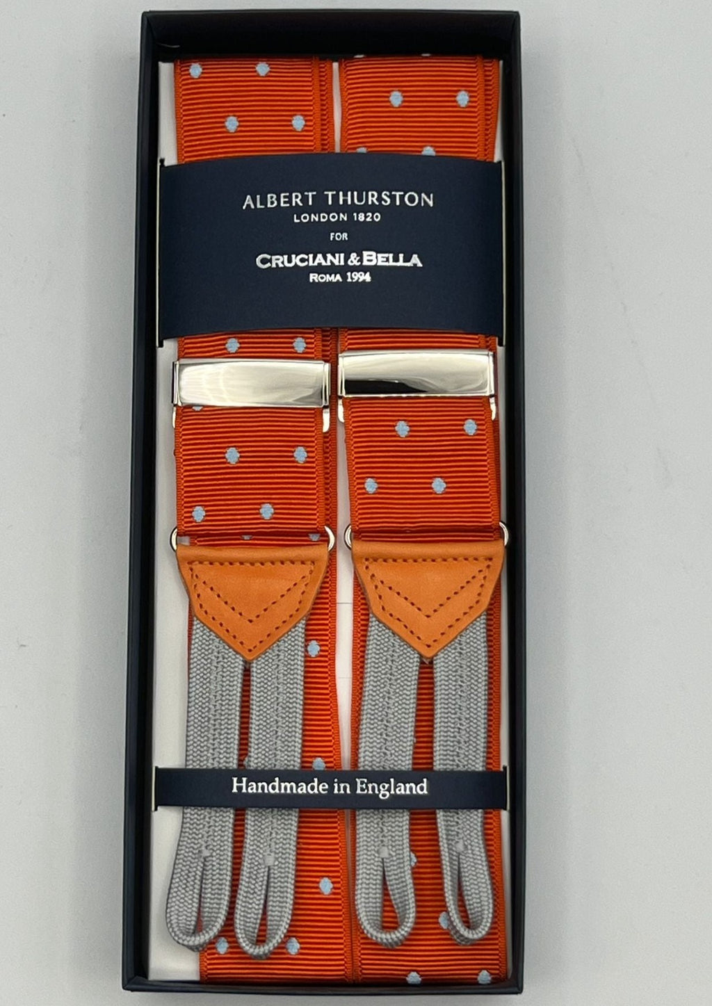 Albert Thurston for Cruciani & Bella Made in England Adjustable Sizing 40 mm Woven Barathea  Orange and Light Grey Dots  Motif  Braces Y-Shaped Nickel Fittings Size: XL