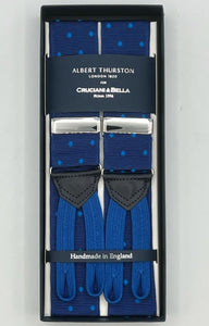Albert Thurston for Cruciani & Bella Made in England Adjustable Sizing 40 mm Woven Barathea  Blue Dots  Motif  Braces Y-Shaped Nickel Fittings Size: XL