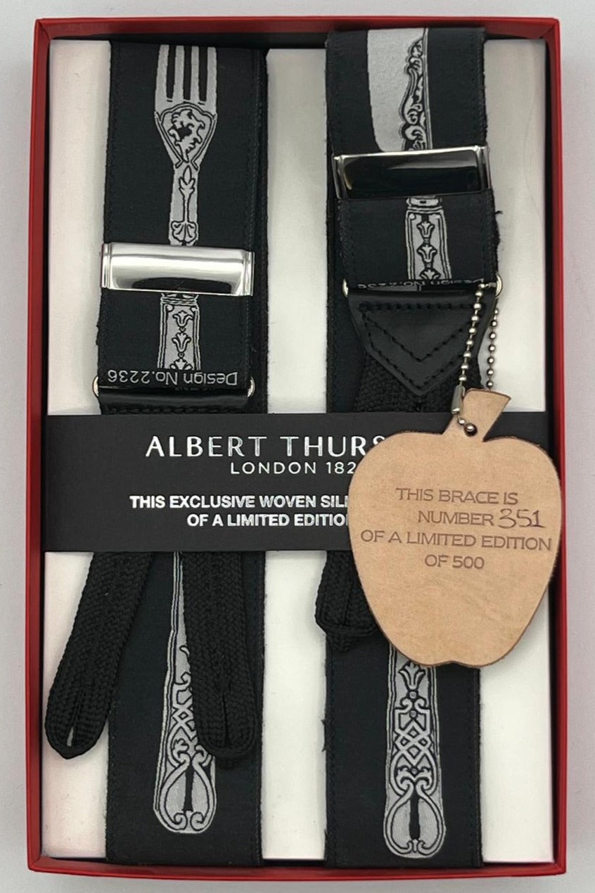 Albert Thurston for Cruciani & Bella Made in England Limited Edition 351/500 Adjustable Sizing 40 mm Woven Silk Black and white Cutlery Motif  Braces Y-Shaped Nickel Fittings Size: XL