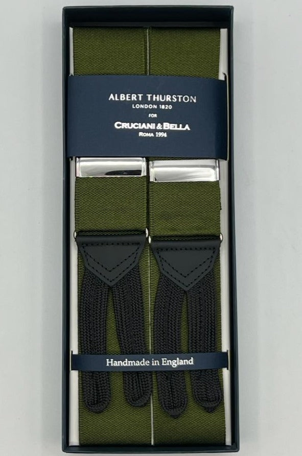 Albert Thurston for Cruciani & Bella Made in England Adjustable Sizing 40 mm Woven Barathea  Olive Green plain Y-Shaped Nickel Fittings Size: XL