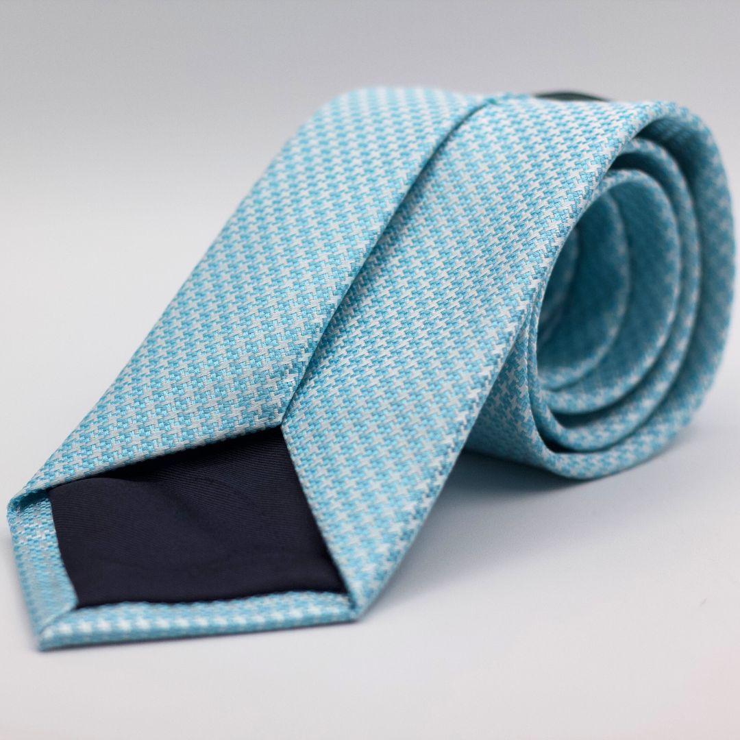 Holliday & Brown for Cruciani & Bella 100% Woven Jacquard Silk Tipped Baby Blue and White Optical motif tie Handmade in Italy 8 cm x 150 cm
