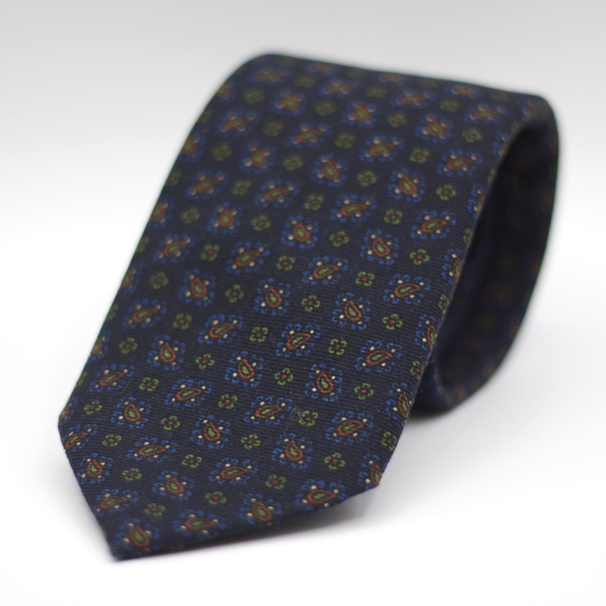 Holliday & Brown for Cruciani & Bella 100% Printed Wool  Self-Tipped Blue Navy, Green, Brown  and Light Blue Motif Tie  Handmade in Italy 8 cm x 148 cm