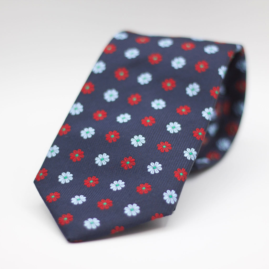 Cruciani & Bella 100% Silk Made in England Jacquard  Tipped Blue Navy, Red and Light Blue Floral Motif Tie Handmade in Italy 8 cm x 150 cm
