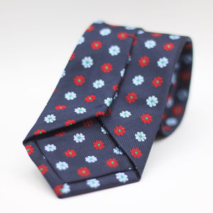 Cruciani & Bella 100% Silk Made in England Jacquard  Tipped Blue Navy, Red and Light Blue Floral Motif Tie Handmade in Italy 8 cm x 150 cm