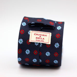 Cruciani & Bella 100% Silk Made in England Jacquard  Tipped Blue Navy, Red and Light Blue Floral Motif Tie Handmade in Italy 8 cm x 150 cm