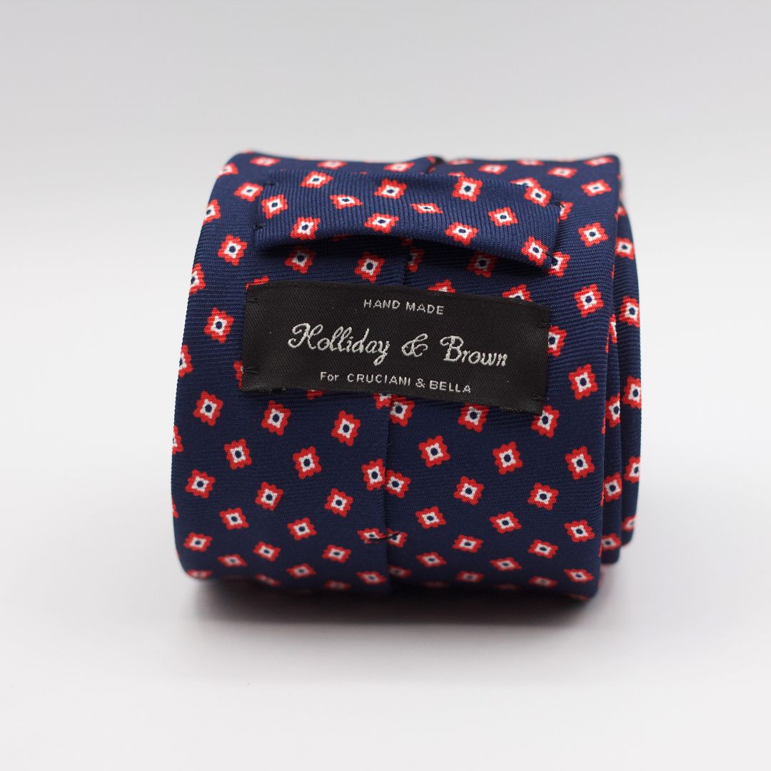 Holliday & Brown for Cruciani & Bella 100% printed Silk Self Tipped Blue Navy, Red and White motif tie Handmade in Italy 8 cm x 150 cm