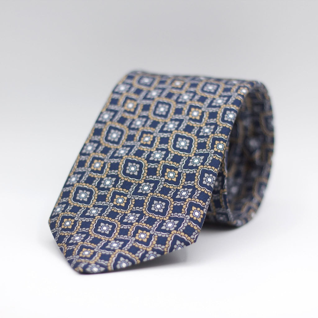 Cruciani & Bella 100% Silk Printed Self-Tipped Blue, Beige, Grey and White Motif Tie Handmade in Rome, Italy. 8 cm x 150 cm