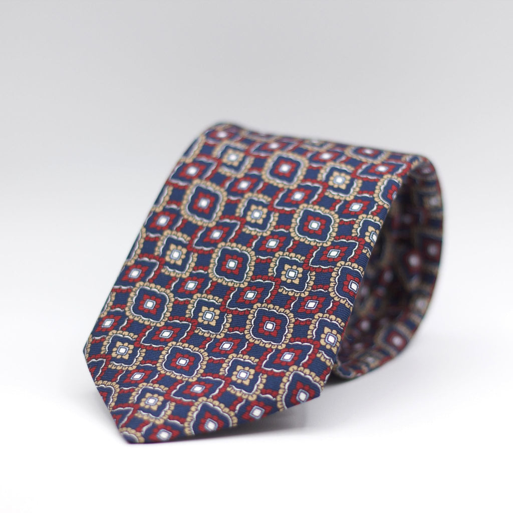 Cruciani & Bella 100% Silk Printed Self-Tipped Blue, Beige, Red and White Motif Tie Handmade in Rome, Italy. 8 cm x 150 cm